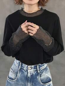 FRIFUL Áo thun dáng rộng, thoải mái, đa năng, phối màu trơn, chấm bi, chất liệu lưới xuyên thấu. - màu đen - Xem 8