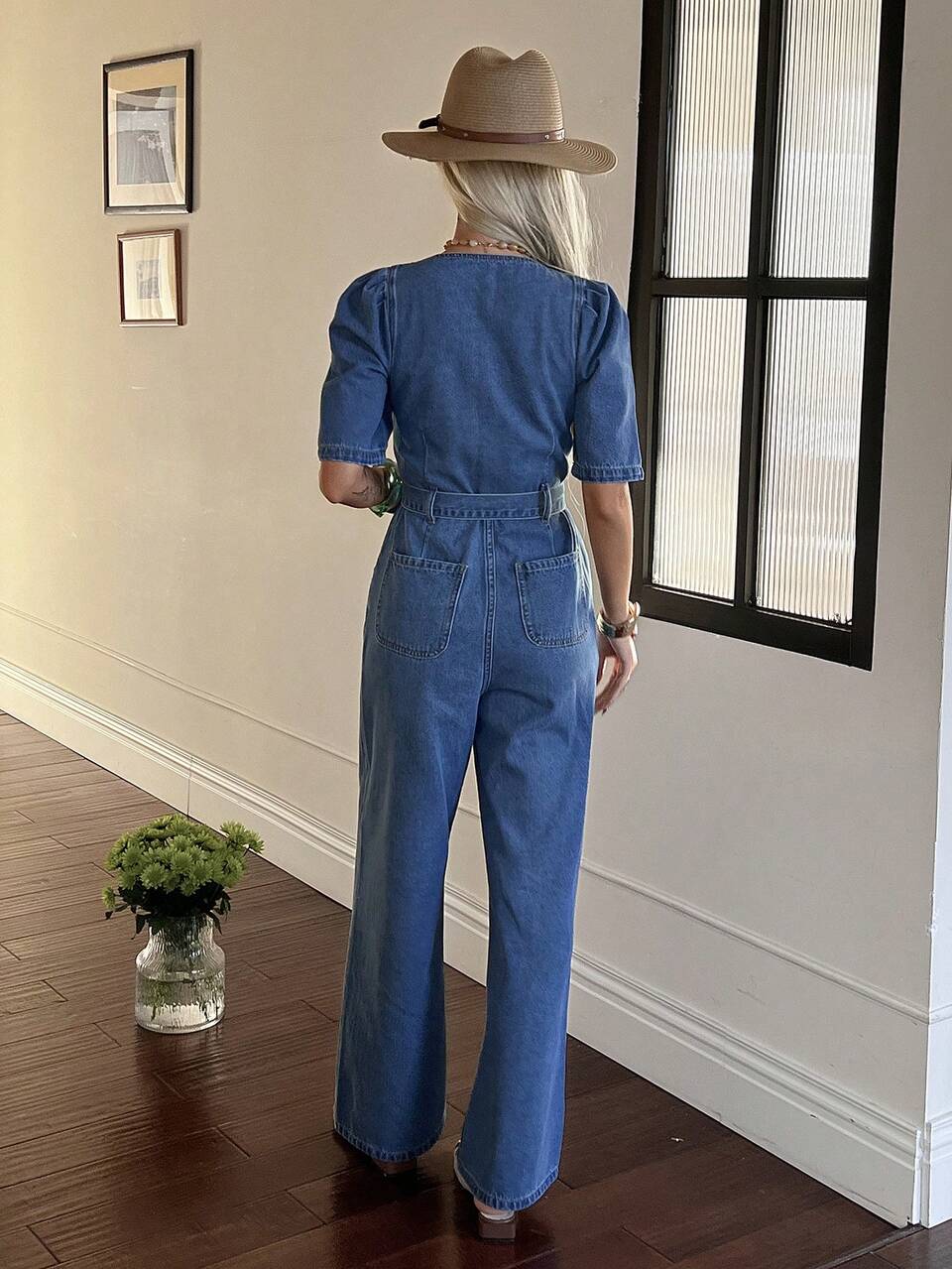 Women's Casual Washed Square Collar Petal Sleeve Belted Denim Jumpsuit, Spring/Summer Day Time Aqua Blue
