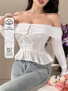 DAZY Blusa elegante de mujer con hombros descubiertos, volantes y mangas acampanadas, primavera-verano - Beis - Ver 1