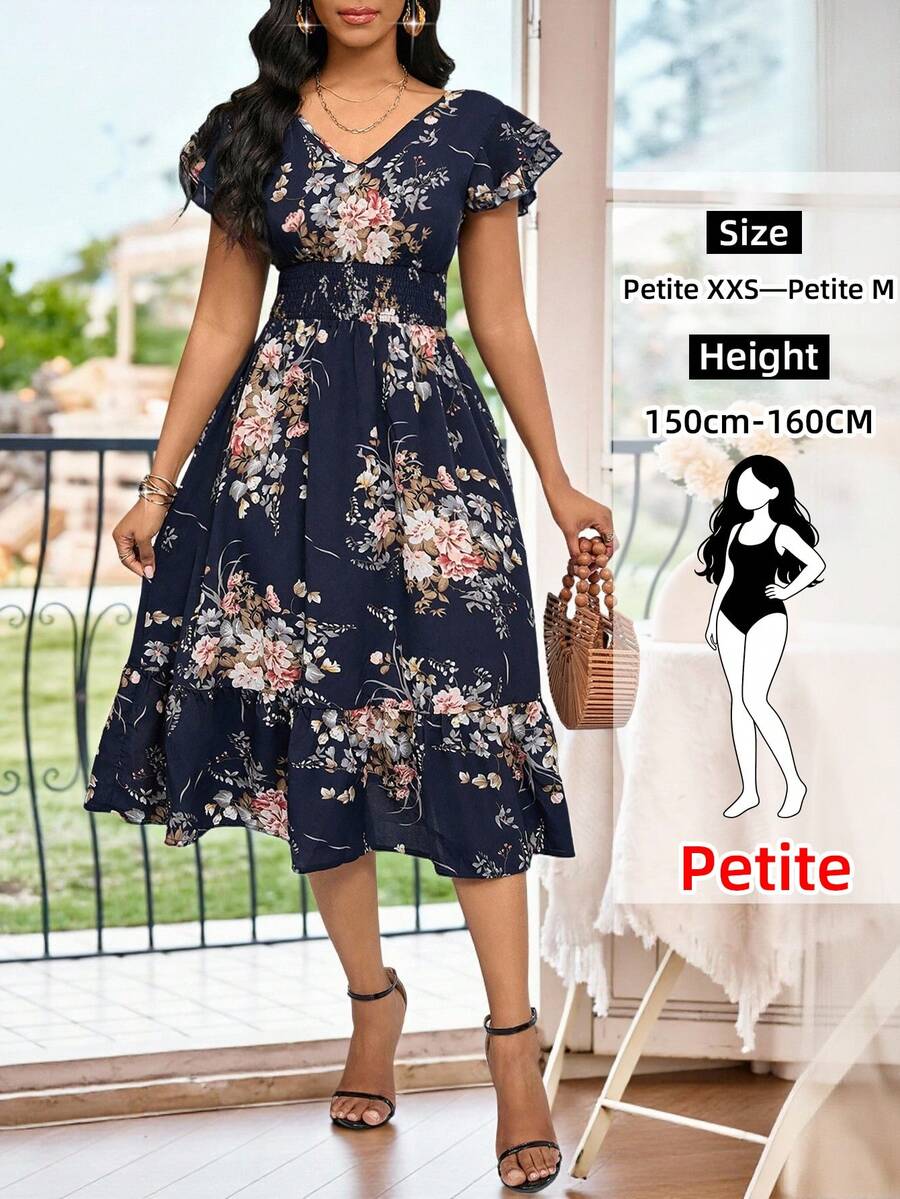 SHEIN Lady Petite Vestido midi con estampado floral, volantes, pliegues en el bajo, cinturón - Vestido casual elegante para fiestas, eventos, oficina, vacaciones, té, verano para mujer - Azul y blanco - Ver 1