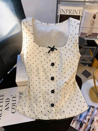 GlowEve Women's Fashion Polka Dot Print Square Collar Bow Tie Front Contrast Button Square Neck Elegant Romantic Casual Daily Date Commute Dinner Tank Top, Spring/Summer