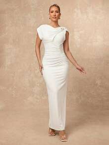 Lumalex 不对称深V领收腰修身直筒金属装饰褶皱连衣裙（女款） - 白色 - 查看 5