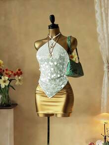Lyxana Women's Halter Neck Sequin Camisole Top - Green - View 1
