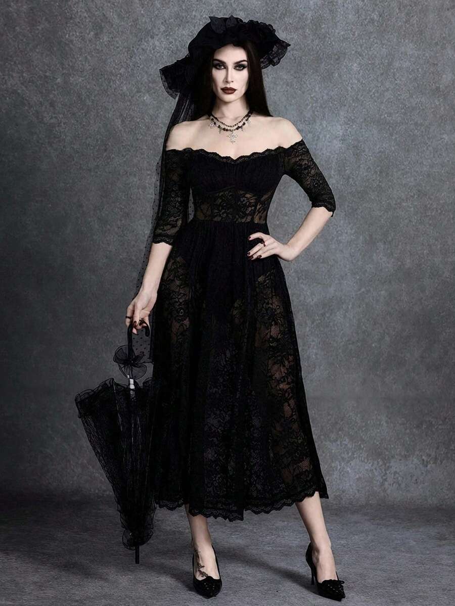 Glisette Đầm ren đen thời trang dành cho nữ - màu đen - Xem 1