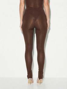 KIZN Button Detail Mesh High Waisted Full Length Leggings With Decorative Elements For Casual Everyday Wear - Chocolate Brown - View 2