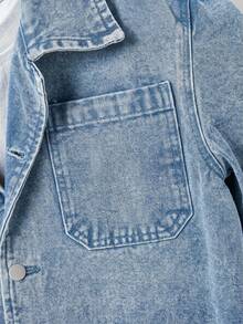 Manfinity Joysei Men's Solid Color Front Button Pocket Casual Short Sleeve Denim Shirt - Blue - View 6