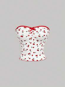 SHEIN MOD White And Red Cherry Print Two-Piece Set,Summer Cottage Core Picnic Holiday,Strapless Ruched Bustier Top & High-Waisted Tiered Ruffle Mini Skirt - Red and White - View 5