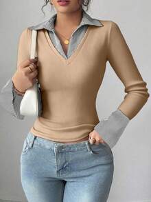 SHEIN Raffinéa 蓝色条纹印花撞色女式简约V领Polo衫，弹力修身打底，适合休闲、夜店、商务休闲、音乐会、办公室等场合穿着，尽显老钱风范。纯色罗纹针织面料，高弹力，超柔软舒适，亲肤贴身，修身剪裁，休闲日常性感派对街头度假旅行约会必备，春夏秋冬新款喇叭袖长袖T恤。 - 卡其色 - 查看 5