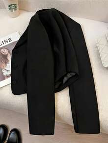 Franclia 2026新款女士黑色短款西装外套，翻领纽扣闭合，刺绣细节配假口袋，休闲通勤简约学院风夹克 - 黑色 - 查看 6