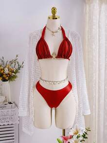 Swim Chiccia 女士两件套浪漫复古性感优雅沙滩/约会套装，采用粗肩带、褶皱设计、大地色系，女士比基尼泳装度假套装，女士比基尼沙滩套装，红色比基尼套装，女士泳衣套装，编织比基尼上衣，女士比基尼套装，女士沙滩套装，女士度假套装，女士带罩衫比基尼，女士沙滩套装，女士比基尼套装 - 紅色 - 查看 5