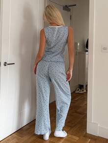 DAZY 2pcs/Set Ditsy Floral Sleeveless Tank Top And Straight Leg Long Pants Pajama Set For Women, Summer - Blue - View 2