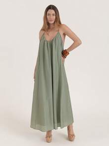 SURIMA Women Spaghetti Strap Maxi Dress Vacation Dress Solid Color Long Dress - Green - View 5