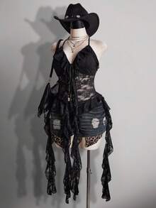 SHEIN ICON 大码女式蕾丝拼接荷叶边吊带系带性感百搭上衣，适合约会和外出穿着 - 黑色 - 查看 4