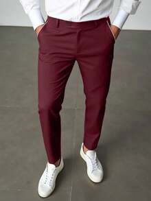 Calvornis 男士商务休闲西装裤，口袋设计，送给男朋友或老公的完美礼物。男士纯色休闲锥形西装裤，男士黑色修身正装裤，独特男士黑色正装裤，男士长裤 - 酒紅色 - 查看 3