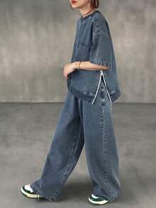 FRIFUL Women's Round Neck Drop Shoulder Zip Side Pocket Top And Pants Casual Loose Denim Set - Blue - View 2