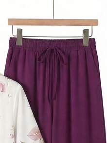 Rusticease Women's Casual Elegant Floral Print Top And Drawstring Waist Wide Leg Pants 2-Piece Set, Suitable For Spring, Summer And Autumn Tea Party Pink Purple - Multicolor - View 6