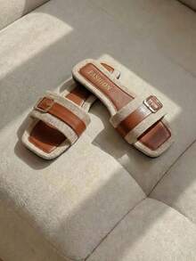 Resyla 1双度假风撞色平底拖鞋，女士方头沙滩拖鞋，亚麻图案凉拖，夏季百搭 - 棕色 - 查看 2