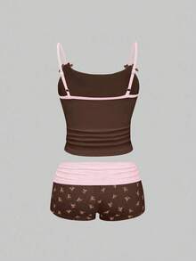 ROMWE J-Fashion Conjunto de top de camisola con bordado de ciervo lindo y shorts con estampado de ciervo para mujer - Marrón - Ver 2