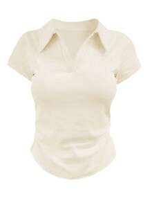SHEIN LUNE 女士纯色 Polo 领短袖休闲百搭 T 恤 - 彩色 - 查看 4