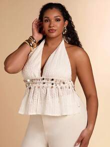 SHEIN BAE Top halter de punto con flecos para mujer de talla grande - Albaricoque - Ver 5