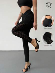 Firerie 女士优雅性感派对音乐节高腰针织打底裤，黑色蕾丝拼接修身长款打底裤，休闲度假 - 黑色 - 查看 8