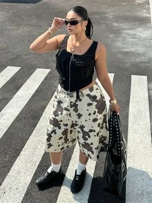 Muchica 大码女式印花口袋百慕大牛仔短裤，春夏款 - 彩色 - 查看 6