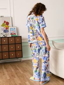 Chillnights Women's Colorblock Vacation Elements Lemon, Palm Tree Print Comfortable Loose Turndown Collar Button Front Woven Pajama Set - Multicolor - View 2