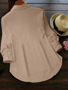 INAWLY 女式秋季纯色纹理时尚纽扣口袋领衬衫 - 卡其色 - 查看 2