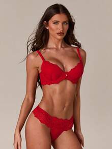 SHEIN BAE 2 件情人节蕾丝钢圈文胸和内裤套装女士内衣 - 紅色 - 查看 4
