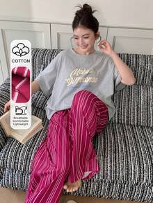 Dazy Plus 2件套加大码女式字母印花短袖上衣和条纹长裤睡衣套装，春夏款 - 灰色 - 查看 1