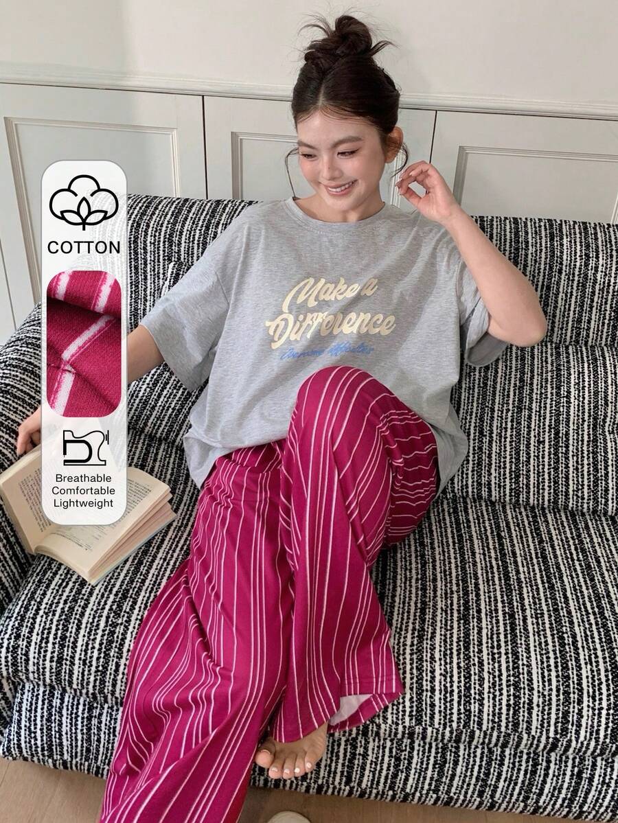 Dazy Plus 2件套加大码女式字母印花短袖上衣和条纹长裤睡衣套装，春夏款 - 灰色 - 查看 1