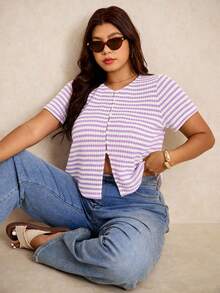 Elaquor Áo thun nữ cỡ lớn kẻ sọc cổ tròn tay ngắn phong cách thường ngày đa năng - Màu tím - Xem 3