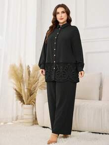 Lacomfia Plus Size Casual Solid Color Long Sleeve Shirt With Ruffle Hem Decor & Elastic Waist Wide Leg Pants 2 Pieces Set, Spring/Autumn Fall - Black - View 5