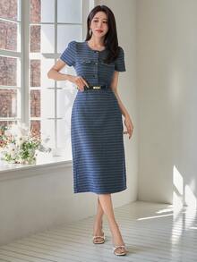 DAZY 女士优雅花卉格纹印花假口袋圆领泡泡袖牛仔连衣裙，夏季，婚礼宾客礼服 - 中等水洗藍 - 查看 6