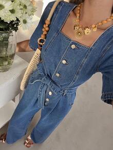 DAZY 女士休闲水洗方领花瓣袖系带牛仔连体裤，春夏款 - 中等水洗藍 - 查看 3