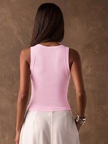 SHEIN BAE Women's Solid Color Rivet Design Ribbed Casual Tank Top,Summer Top - Baby Pink - View 2
