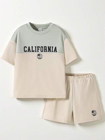 Casuvi Kids Young Boy Oversized T-Shirt Set, Round Neck Loose Design Retro American College Print 2-Piece Set - Casual, Sports, Outdoor, Fitness, Basketball, Travel, Daily Wear, Summer New Shorts Set