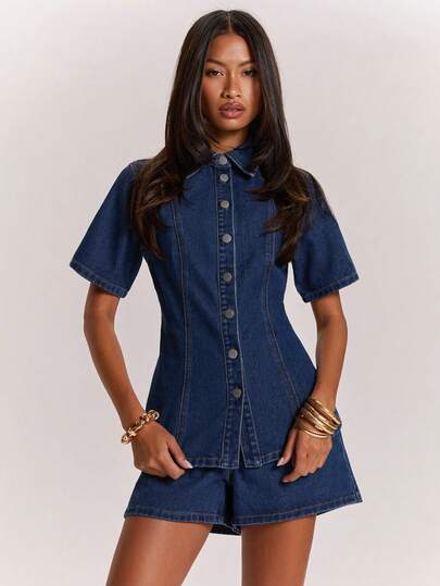 SHEIN BAE 现代风格牛仔短袖纽扣上衣和牛仔短裤套装