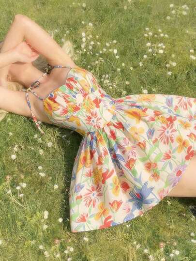 SHEIN MOD Women's Floral Print Ruched Waist Camisole Mini Dress,Summer,Vacation Outfits, Retro, Vintage,Country Outfits,  Going Out,Teacher Outfits For Women,Date, Picnic, Party, Prom, Festival,Birthday Wear, Cottagecore Dress,Tea Party Dress,French Style Dress,Floral Print Dress