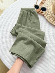 SHEIN Tween Girls' Casual Minimalist Comfortable Mid-Rise Straight Leg Pants - Army Green - View 2