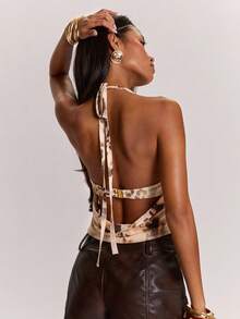 SHEIN BAE Sexy Leopard Print Backless Halter Neck Top, Suitable For Beach & Holiday, Spring/Summer - Coffee Brown - View 2