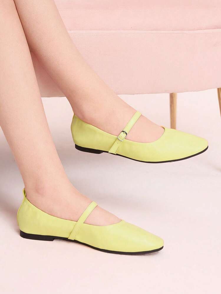 CUCCOO DOLLMOD Women Shoes Light Yellow Pleated Mary Jane Flats, Metal Buckle, Fresh And Comfortable Commuter Dating Temperament Shoes