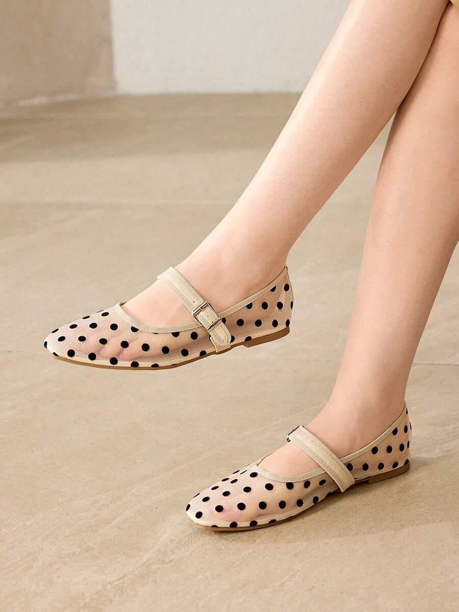 MOTF PREMIUM WOMEN POLKA DOT BUCKLE STRAP FLATS VALENTINE'S DAY - Apricot - View 2