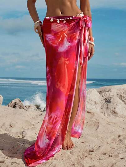 Opulessa Women's Floral Print Twist Front Split Casual Beach Cover Up Skirt,Beach,Beach Outfits For Women,Beach Set,Going Out,Vacation,Vacation Outfits Women,Holiday,Summer,Summer Clothes,Summer Outfits For Women,Party ,Going Out,Going Out Outfits,Casual,Elegant,Y2k,Flower, Floral Dress,Pink ,Pink Dress,Red,Red Dress