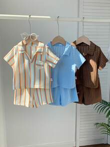 SHEIN 3件套男女宝宝休闲条纹短袖polo衫、衬衫、针织上衣和短裤套装，春夏宝宝服装 - 彩色 - 查看 6
