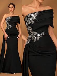 Serin 夏季优雅浪漫华丽黑色弹力针织单肩褶裥奢华刺绣串珠贴花微鱼尾下摆飘逸小拖尾适合晚宴、单身派对、约会、舞会、假日音乐节、婚礼活动、新娘母亲礼服、情人节 - 黑色 - 查看 3