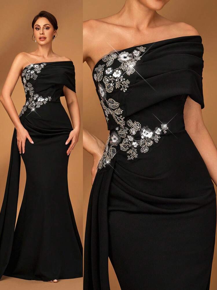 Summer Elegant Romantic Gorgeous Black Stretch Knit One Shoulder Pleated Luxury Embroidered Beaded Applique Micro Fishtail Hem Floating Piece Small Tail Suitable For Dinner Bachelorette Party Date Dance Holiday Music Festival Wedding Event Mother Of The Bride Dress, Valentine's Day Mother Of The Bride Dress - Chic Modest Lace Dress For Special Day - Black - View 2