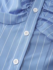 Women's Striped Ruched Button Design Off-Shoulder Fashion Blouse - Blue - View 6