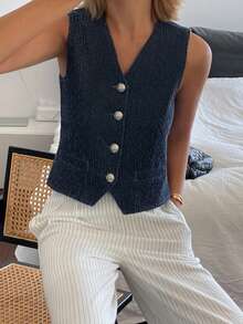 Livesso Women's V-Neck Single-Breasted Casual Denim Vest - Medium Wash - View 6