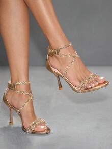 CUCCOO SZL 女士新款时尚交叉镶钻香槟色高跟鞋圆头细跟露趾性感宴会凉鞋 - 香檳色 - 查看 1